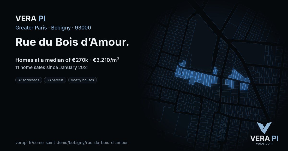 Rue du Bois d’Amour, Bobigny at night – every parcel coloured by the prices around it, the street's own parcels lit