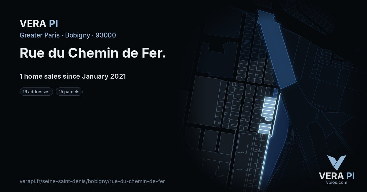 Rue du Chemin de Fer, Bobigny at night – every parcel coloured by the prices around it, the street's own parcels lit