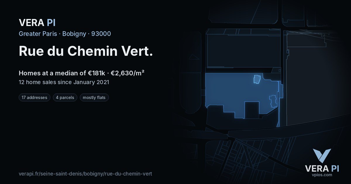 Rue du Chemin Vert, Bobigny at night – every parcel coloured by the prices around it, the street's own parcels lit