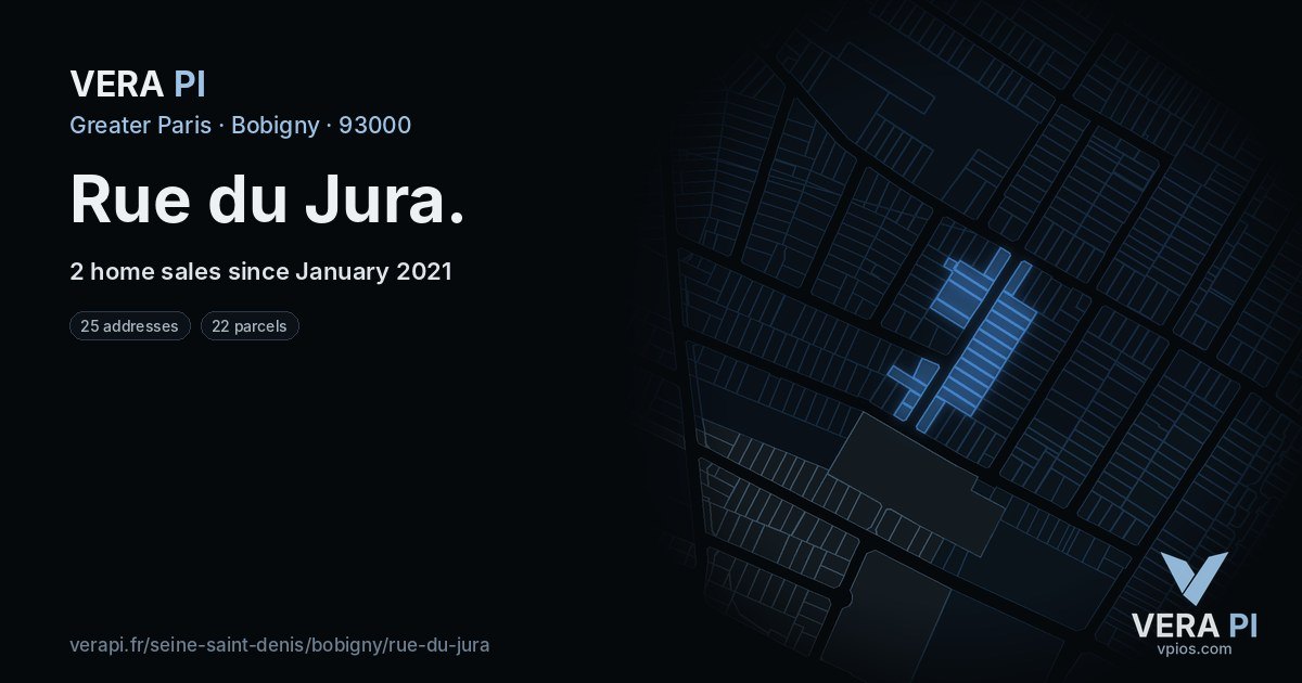 Rue du Jura, Bobigny at night – every parcel coloured by the prices around it, the street's own parcels lit