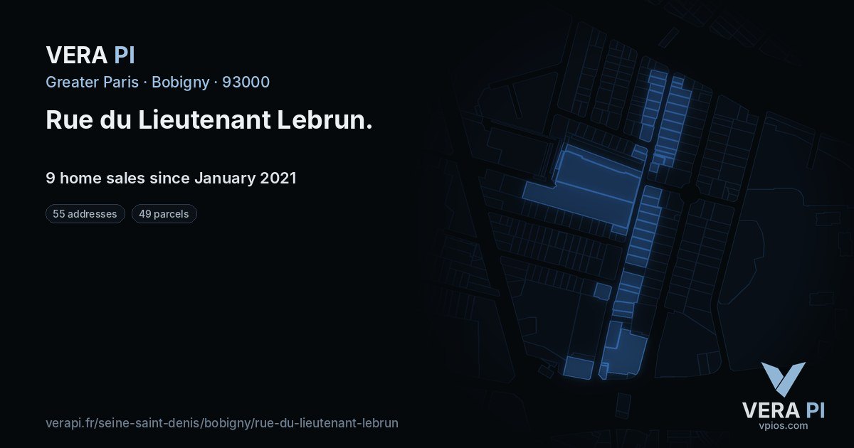 Rue du Lieutenant Lebrun, Bobigny at night – every parcel coloured by the prices around it, the street's own parcels lit