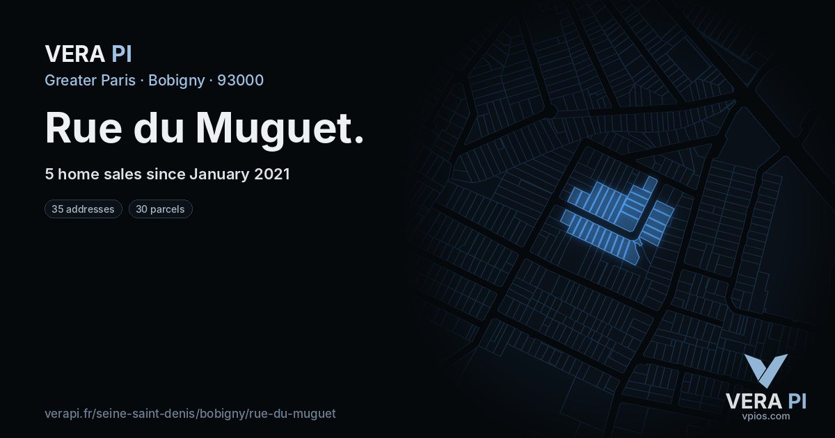 Rue du Muguet, Bobigny at night – every parcel coloured by the prices around it, the street's own parcels lit