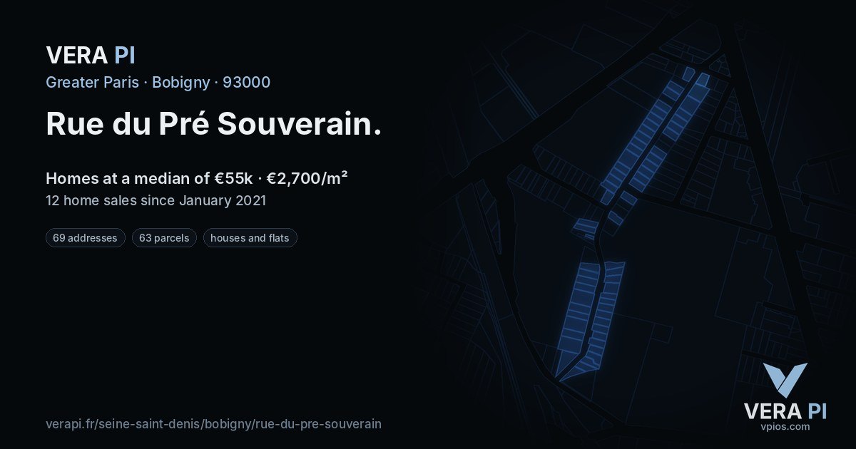 Rue du Pré Souverain, Bobigny at night – every parcel coloured by the prices around it, the street's own parcels lit