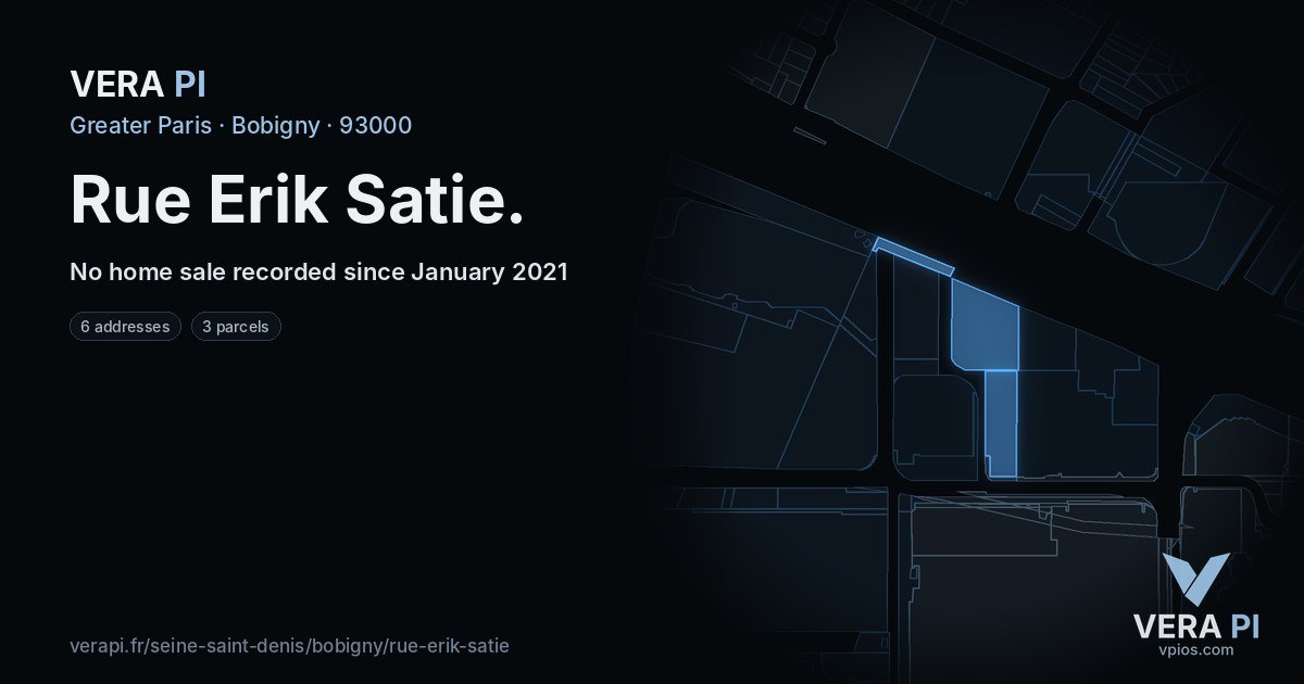 Rue Erik Satie, Bobigny at night – every parcel coloured by the prices around it, the street's own parcels lit