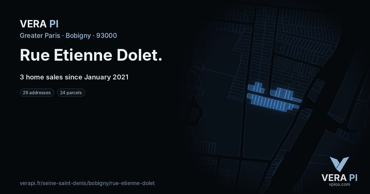 Rue Etienne Dolet, Bobigny at night – every parcel coloured by the prices around it, the street's own parcels lit