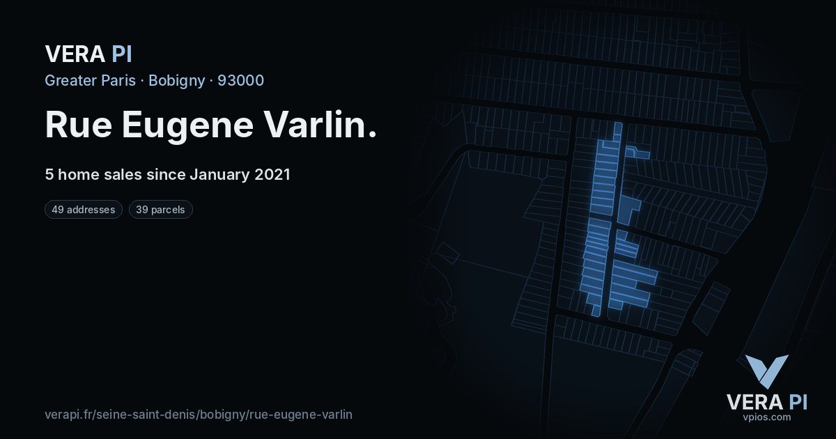 Rue Eugene Varlin, Bobigny at night – every parcel coloured by the prices around it, the street's own parcels lit