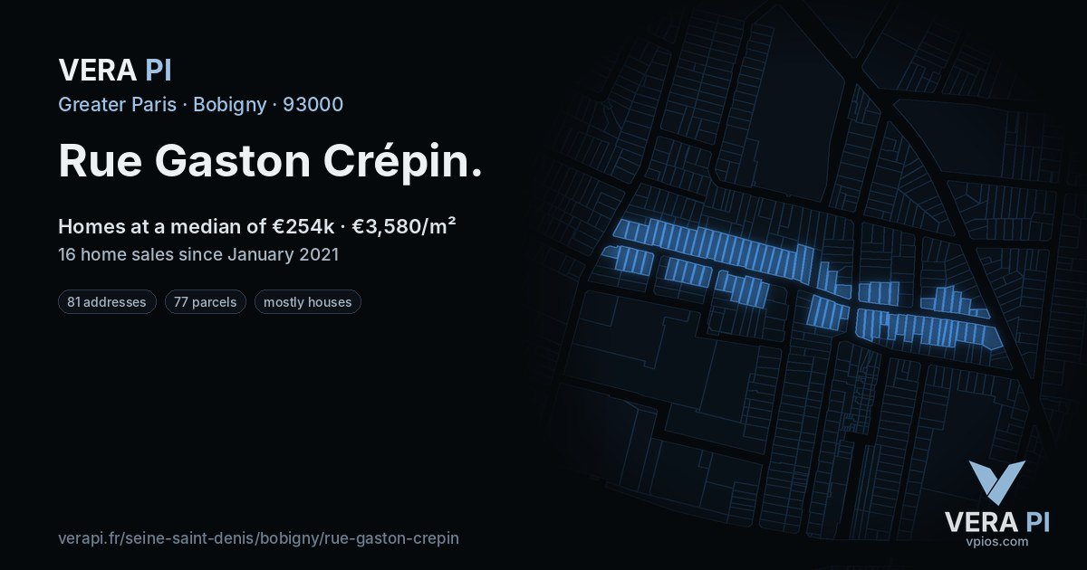 Rue Gaston Crépin, Bobigny at night – every parcel coloured by the prices around it, the street's own parcels lit
