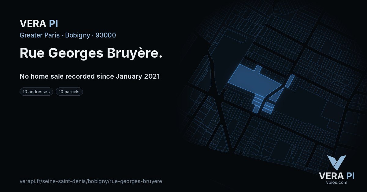 Rue Georges Bruyère, Bobigny at night – every parcel coloured by the prices around it, the street's own parcels lit