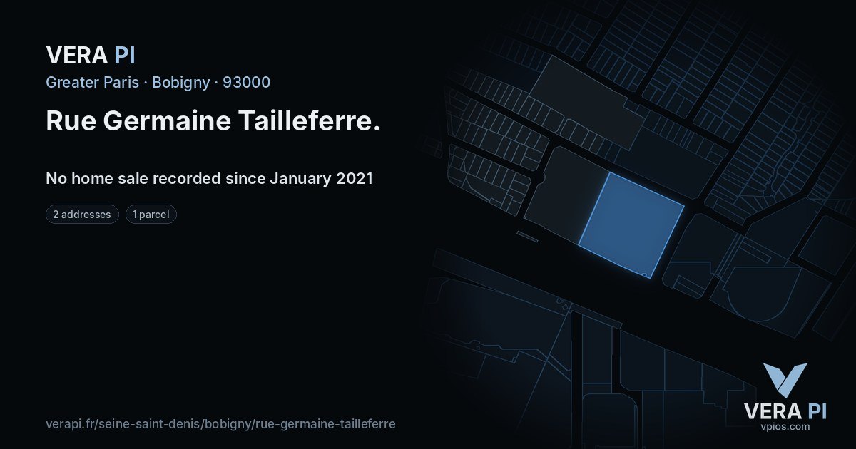 Rue Germaine Tailleferre, Bobigny at night – every parcel coloured by the prices around it, the street's own parcels lit