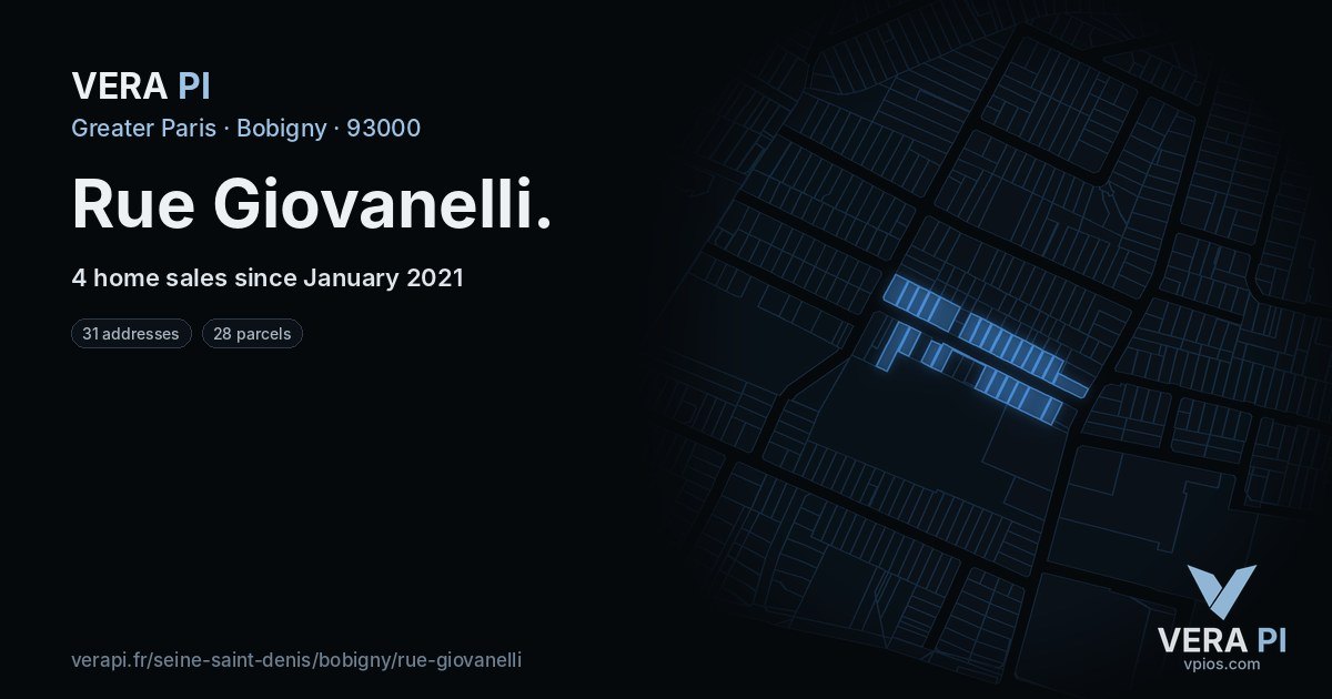 Rue Giovanelli, Bobigny at night – every parcel coloured by the prices around it, the street's own parcels lit