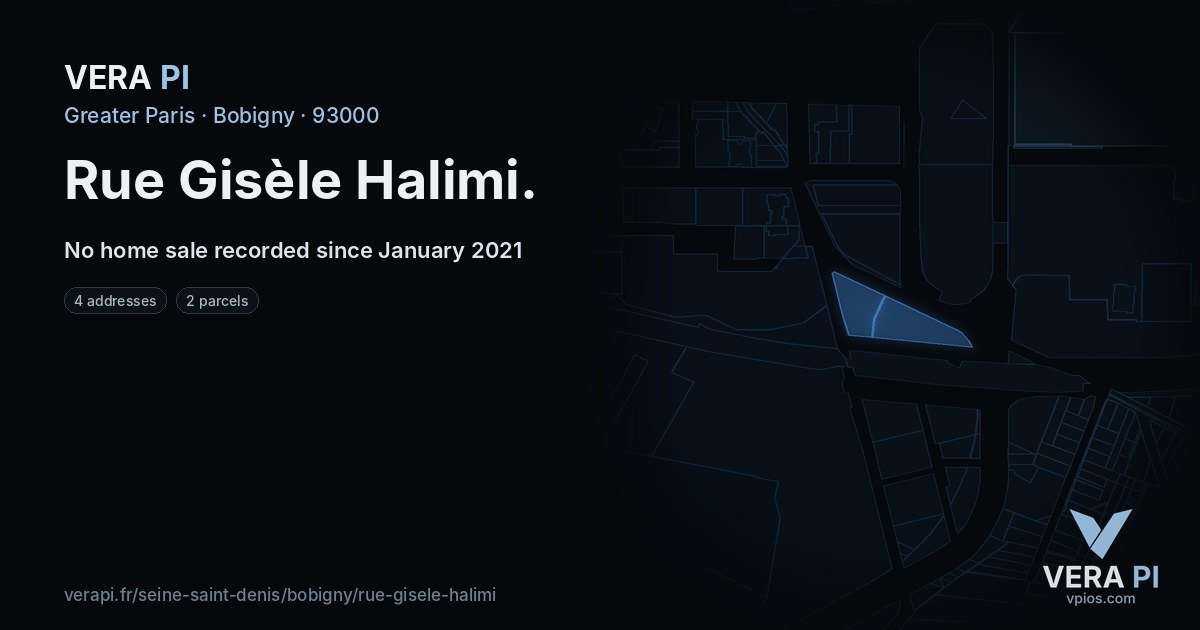 Rue Gisèle Halimi, Bobigny at night – every parcel coloured by the prices around it, the street's own parcels lit