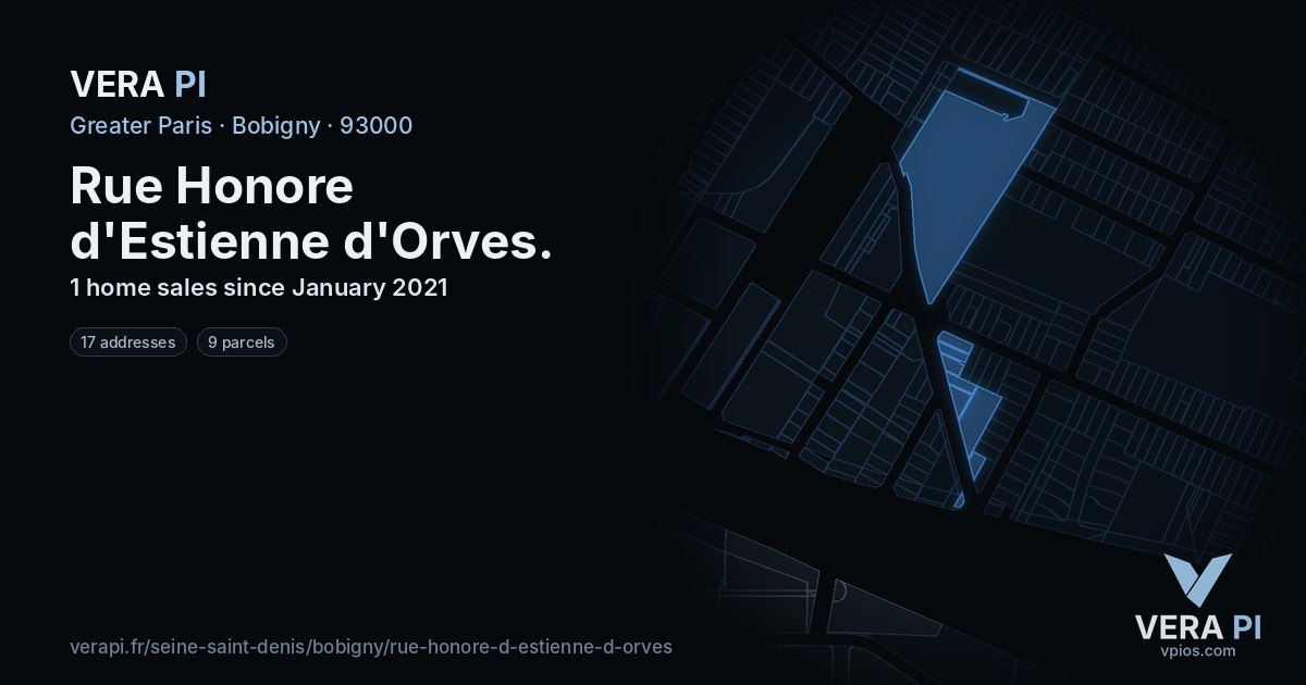 Rue Honore d'Estienne d'Orves, Bobigny at night – every parcel coloured by the prices around it, the street's own parcels lit