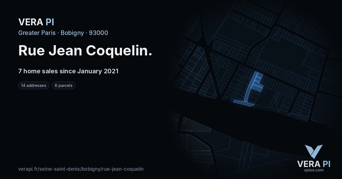 Rue Jean Coquelin, Bobigny at night – every parcel coloured by the prices around it, the street's own parcels lit