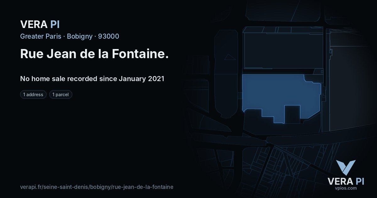 Rue Jean de la Fontaine, Bobigny at night – every parcel coloured by the prices around it, the street's own parcels lit