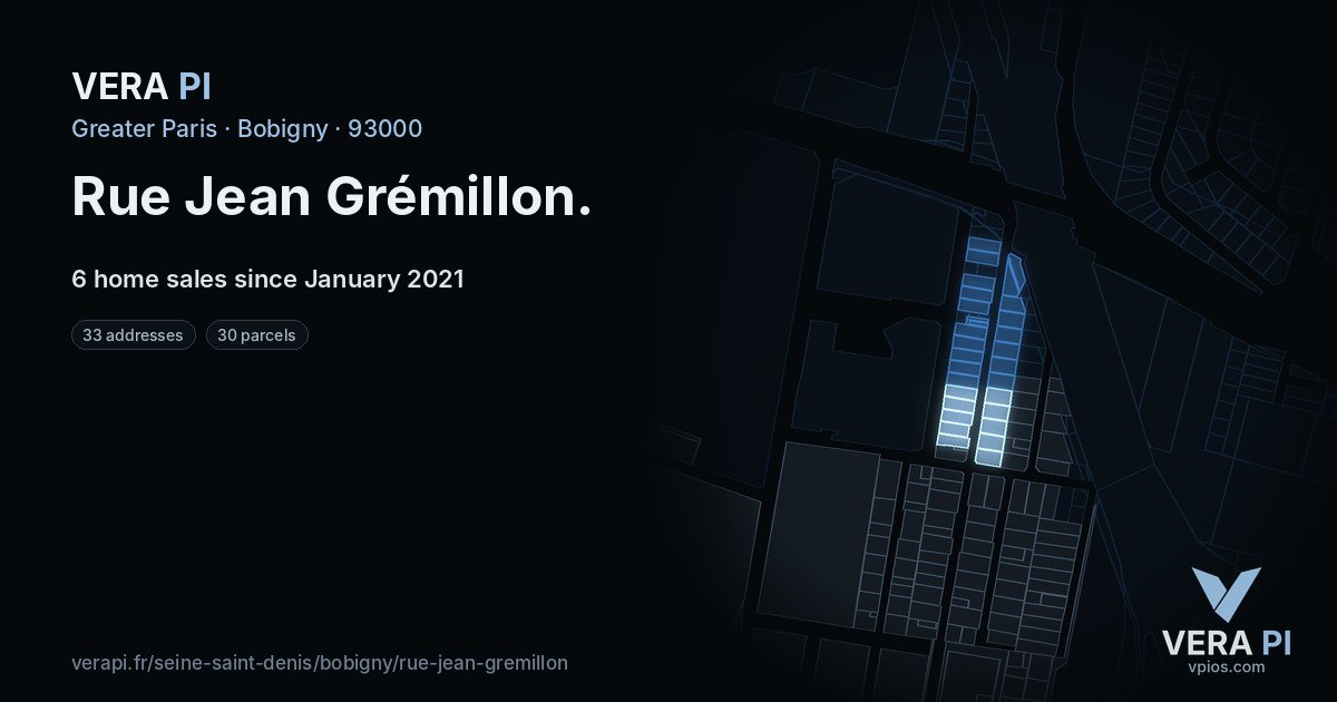Rue Jean Grémillon, Bobigny at night – every parcel coloured by the prices around it, the street's own parcels lit