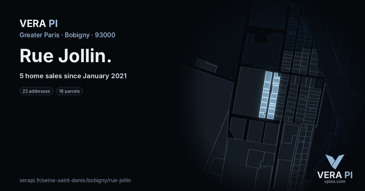 Rue Jollin, Bobigny at night – every parcel coloured by the prices around it, the street's own parcels lit