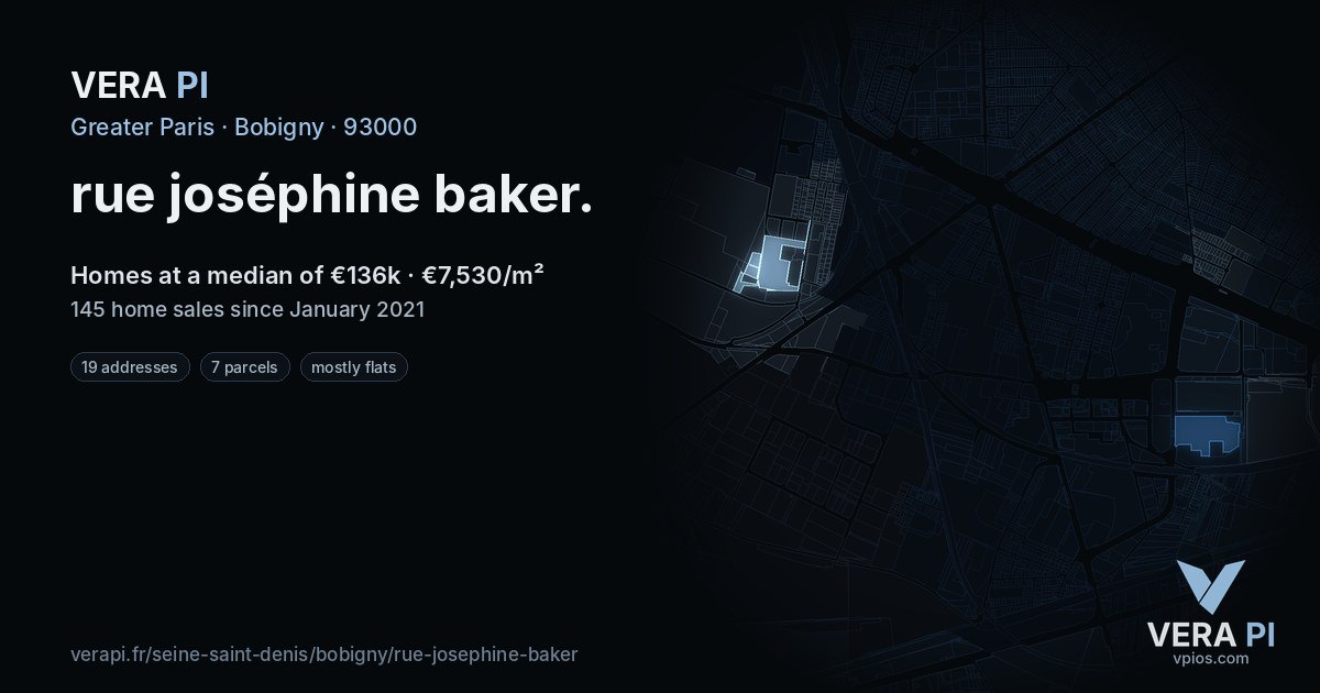 rue joséphine baker, Bobigny at night – every parcel coloured by the prices around it, the street's own parcels lit