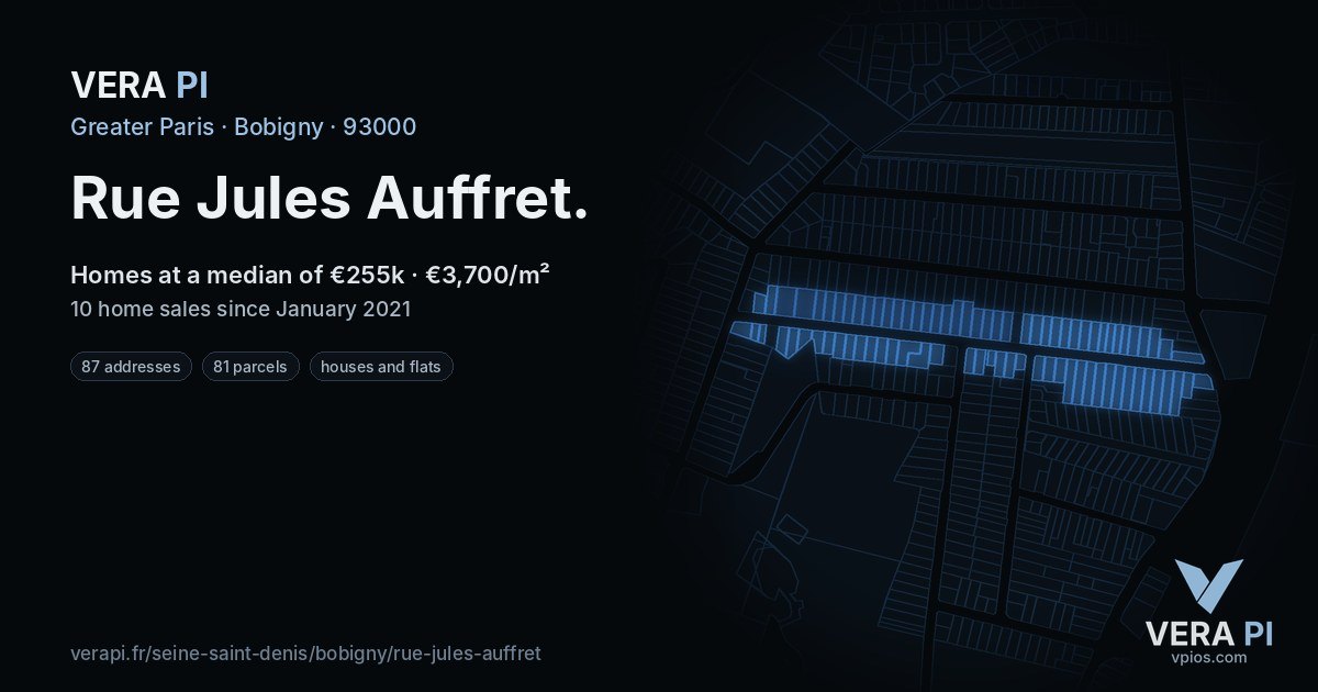 Rue Jules Auffret, Bobigny at night – every parcel coloured by the prices around it, the street's own parcels lit