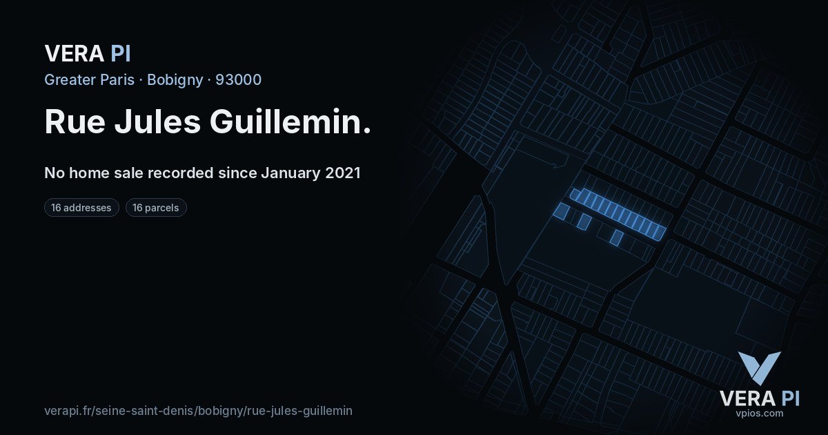 Rue Jules Guillemin, Bobigny at night – every parcel coloured by the prices around it, the street's own parcels lit