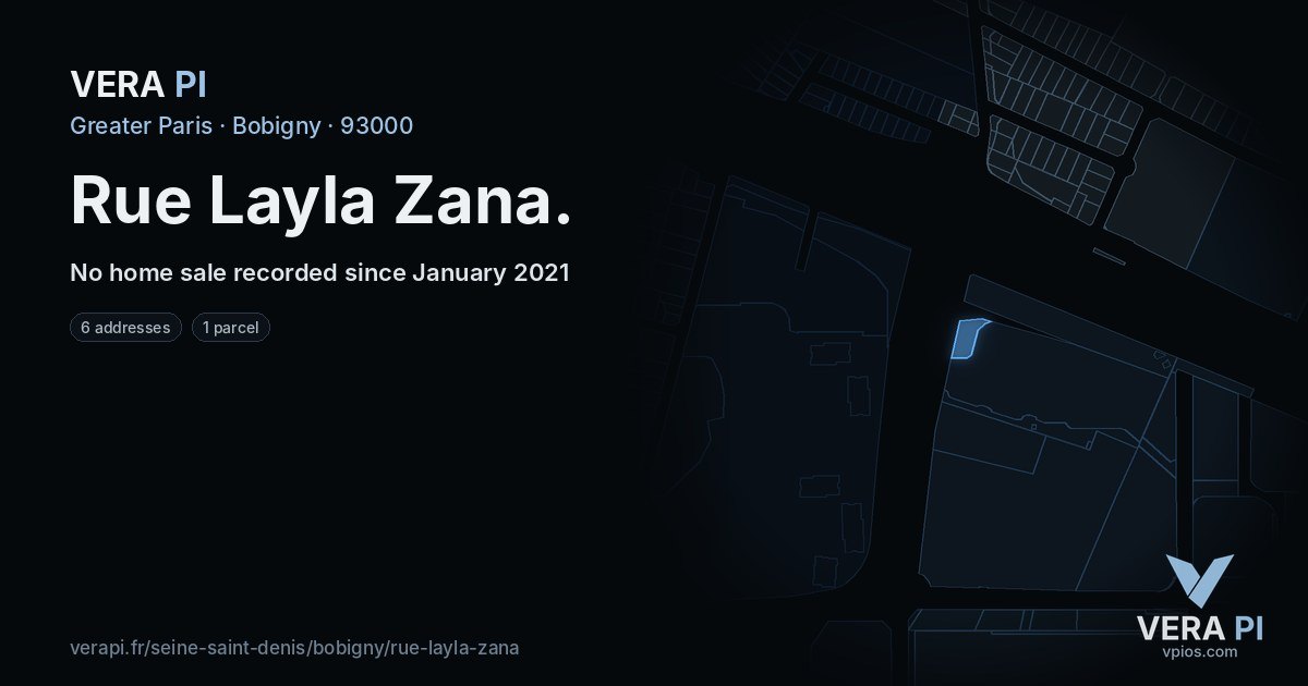 Rue Layla Zana, Bobigny at night – every parcel coloured by the prices around it, the street's own parcels lit
