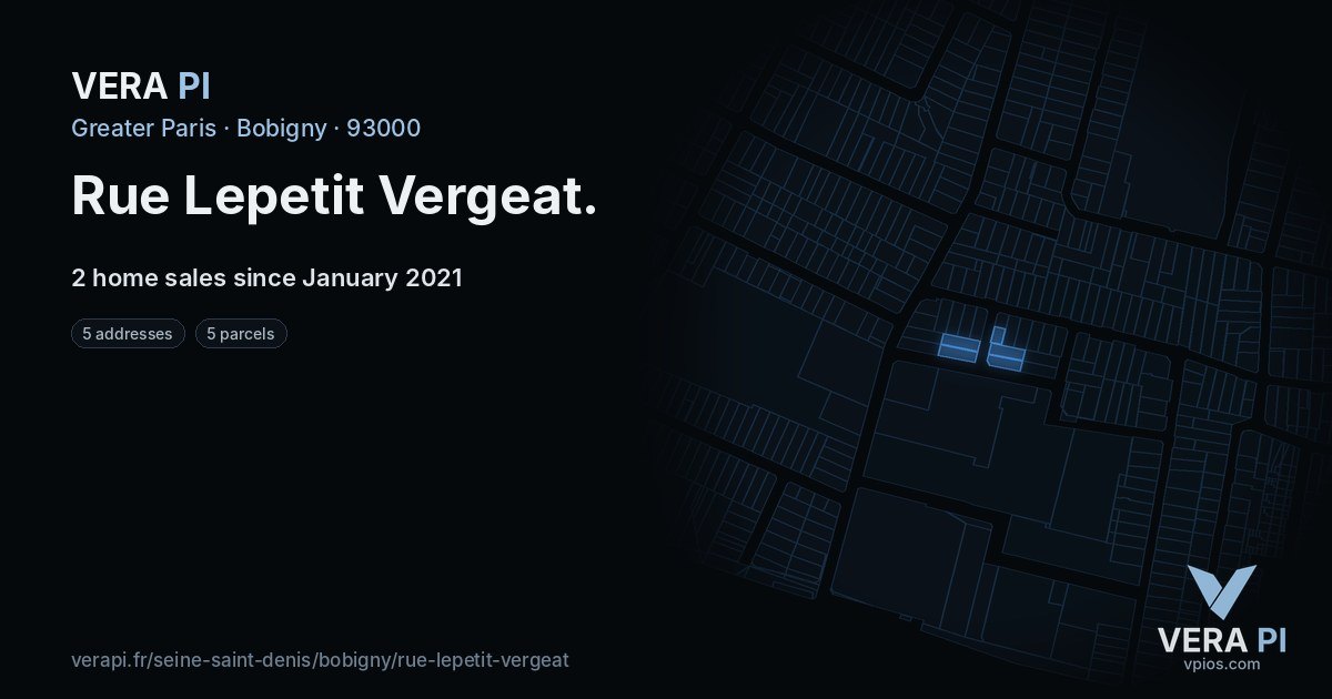 Rue Lepetit Vergeat, Bobigny at night – every parcel coloured by the prices around it, the street's own parcels lit
