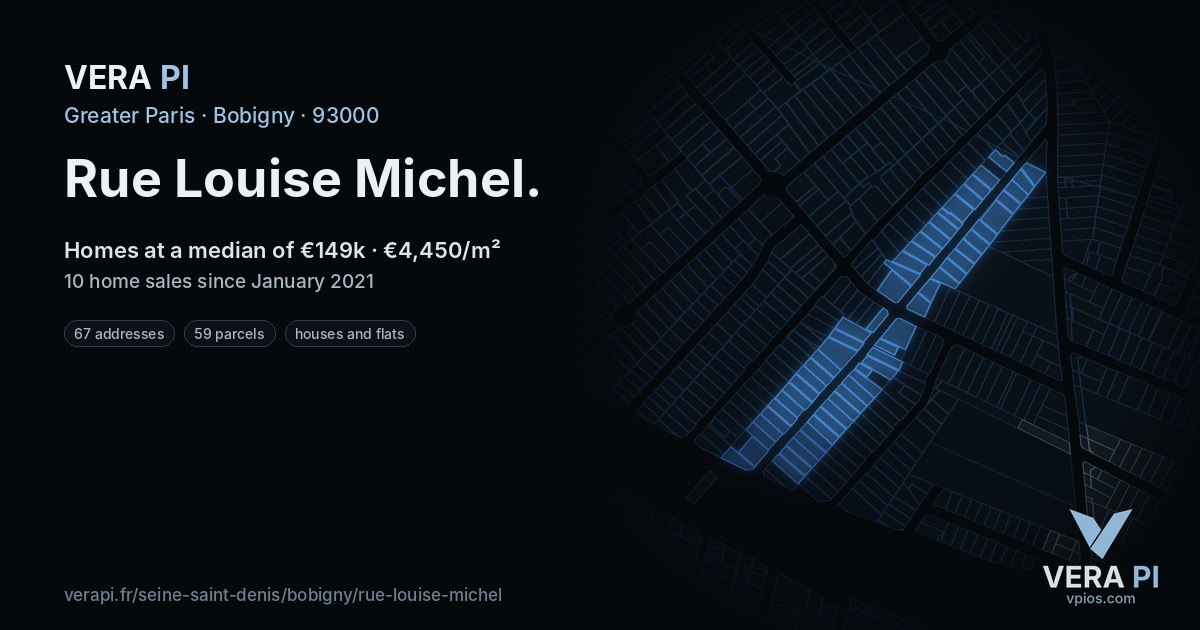 Rue Louise Michel, Bobigny at night – every parcel coloured by the prices around it, the street's own parcels lit