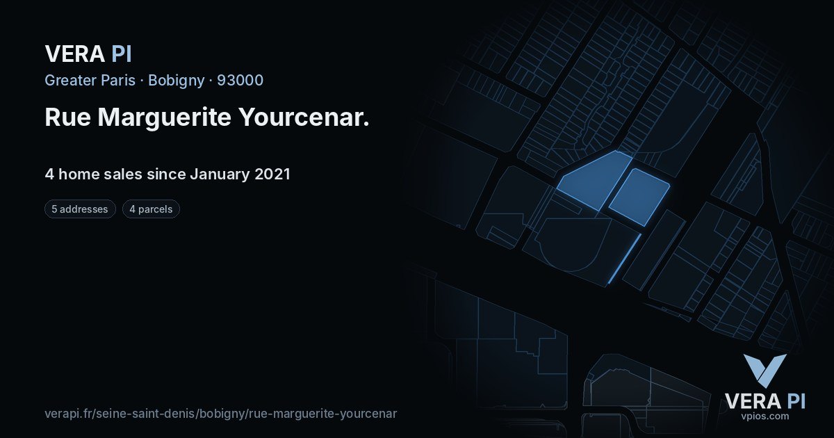 Rue Marguerite Yourcenar, Bobigny at night – every parcel coloured by the prices around it, the street's own parcels lit