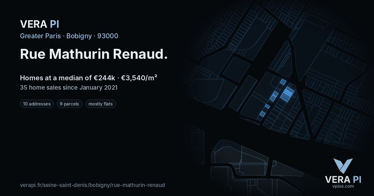 Rue Mathurin Renaud, Bobigny at night – every parcel coloured by the prices around it, the street's own parcels lit