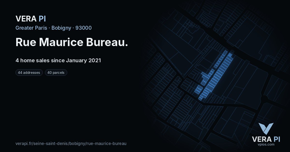 Rue Maurice Bureau, Bobigny at night – every parcel coloured by the prices around it, the street's own parcels lit
