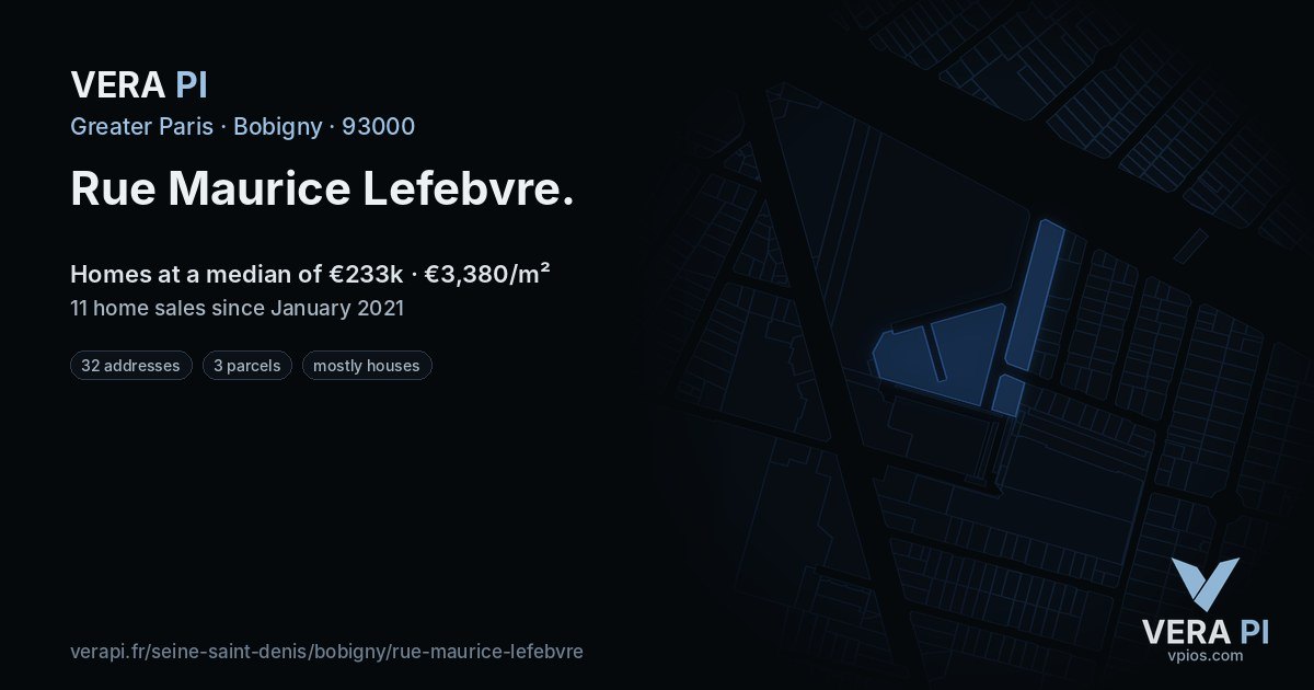 Rue Maurice Lefebvre, Bobigny at night – every parcel coloured by the prices around it, the street's own parcels lit