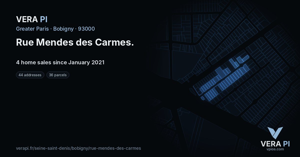 Rue Mendes des Carmes, Bobigny at night – every parcel coloured by the prices around it, the street's own parcels lit