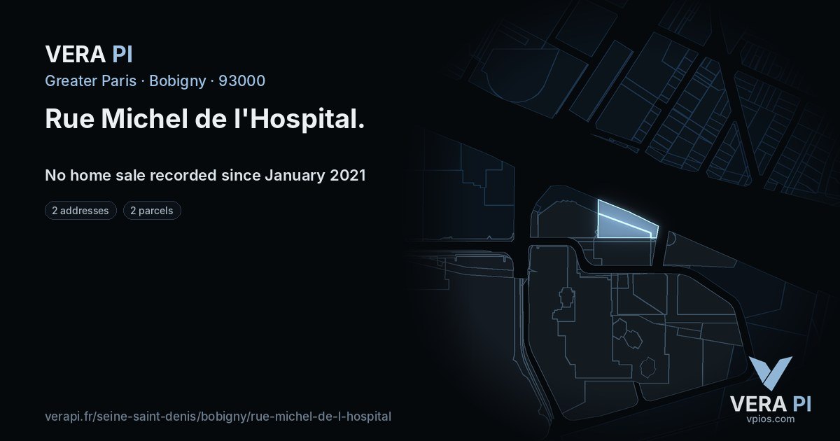 Rue Michel de l'Hospital, Bobigny at night – every parcel coloured by the prices around it, the street's own parcels lit