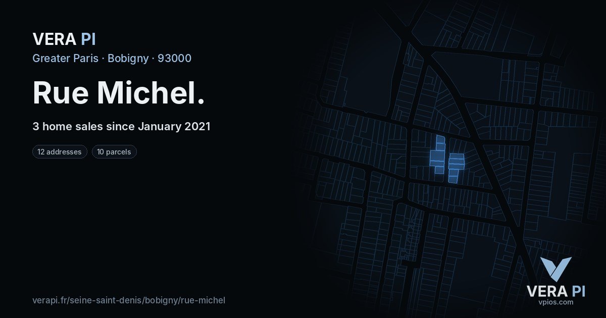 Rue Michel, Bobigny at night – every parcel coloured by the prices around it, the street's own parcels lit