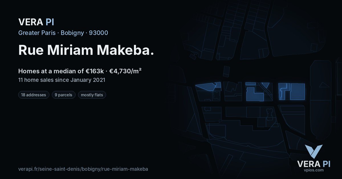Rue Miriam Makeba, Bobigny at night – every parcel coloured by the prices around it, the street's own parcels lit
