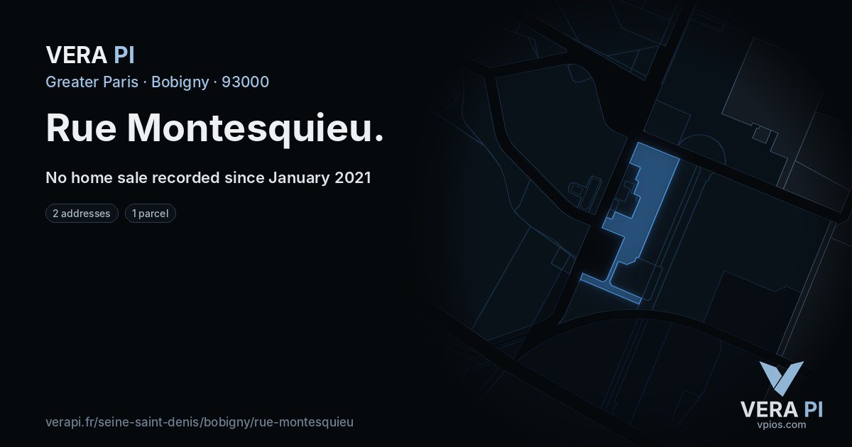 Rue Montesquieu, Bobigny at night – every parcel coloured by the prices around it, the street's own parcels lit