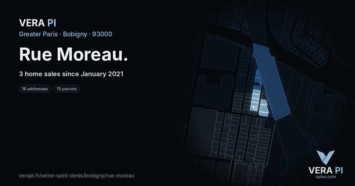 Rue Moreau, Bobigny at night – every parcel coloured by the prices around it, the street's own parcels lit