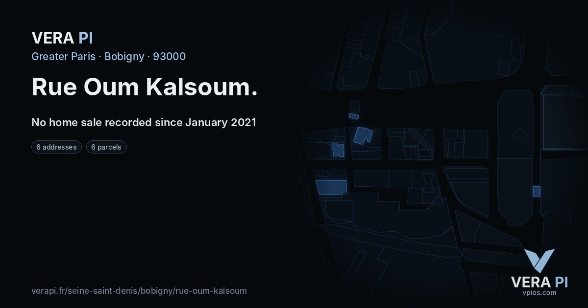 Rue Oum Kalsoum, Bobigny at night – every parcel coloured by the prices around it, the street's own parcels lit