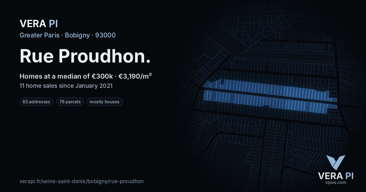 Rue Proudhon, Bobigny at night – every parcel coloured by the prices around it, the street's own parcels lit