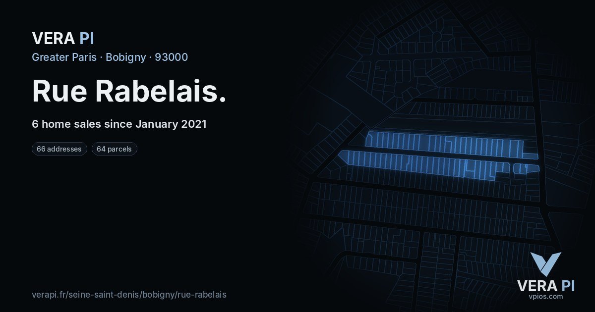 Rue Rabelais, Bobigny at night – every parcel coloured by the prices around it, the street's own parcels lit