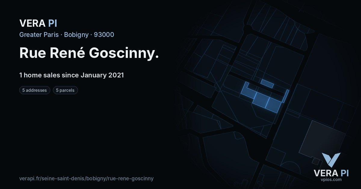 Rue René Goscinny, Bobigny at night – every parcel coloured by the prices around it, the street's own parcels lit