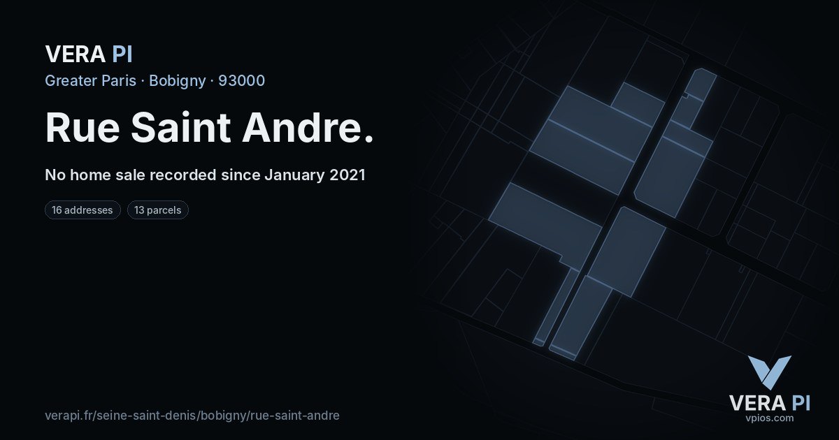 Rue Saint Andre, Bobigny at night – every parcel coloured by the prices around it, the street's own parcels lit