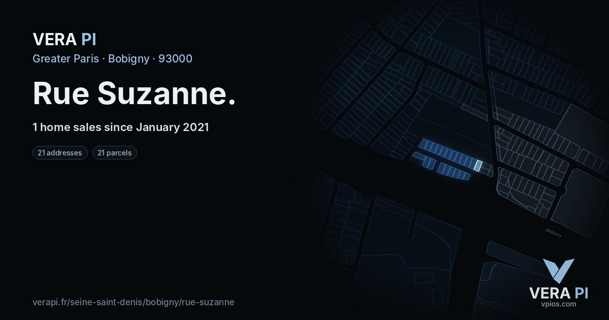 Rue Suzanne, Bobigny at night – every parcel coloured by the prices around it, the street's own parcels lit