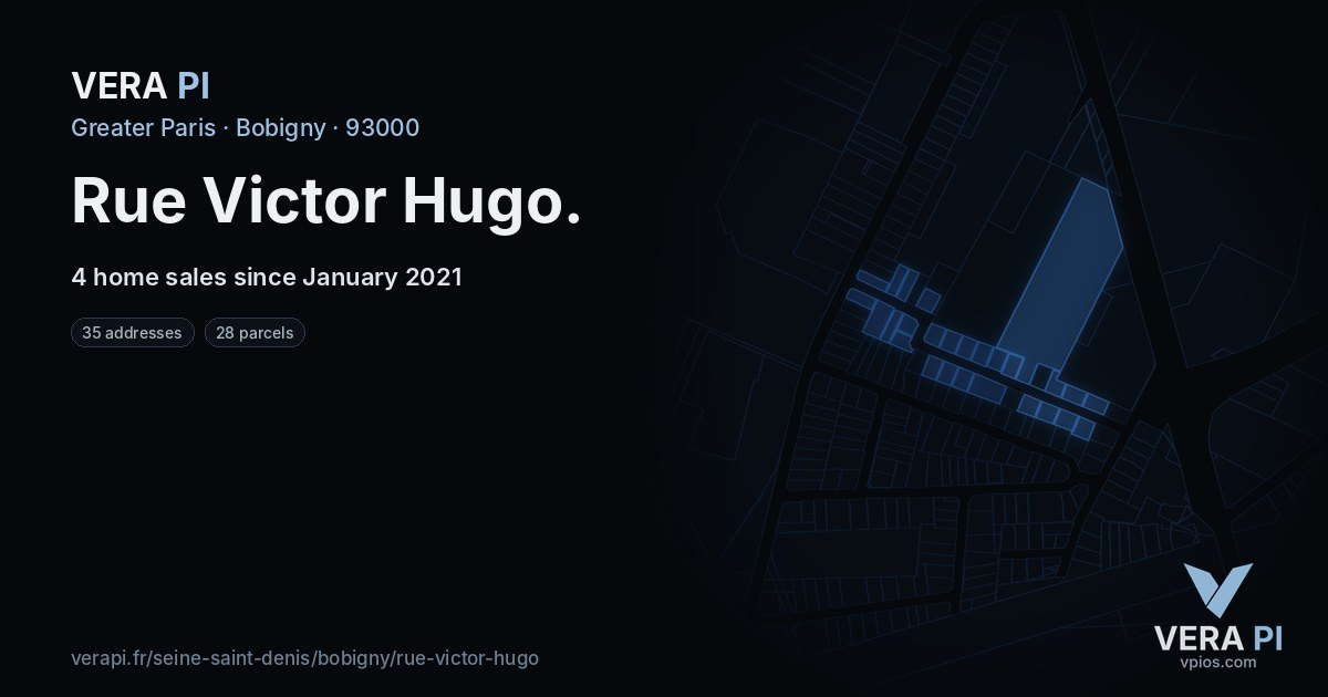 Rue Victor Hugo, Bobigny at night – every parcel coloured by the prices around it, the street's own parcels lit