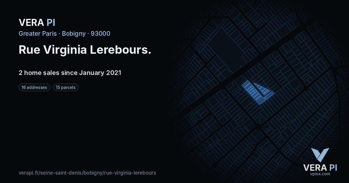 Rue Virginia Lerebours, Bobigny at night – every parcel coloured by the prices around it, the street's own parcels lit
