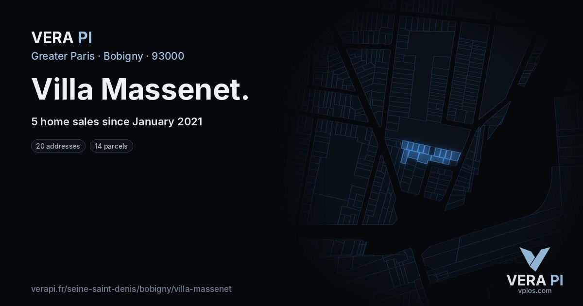 Villa Massenet, Bobigny at night – every parcel coloured by the prices around it, the street's own parcels lit