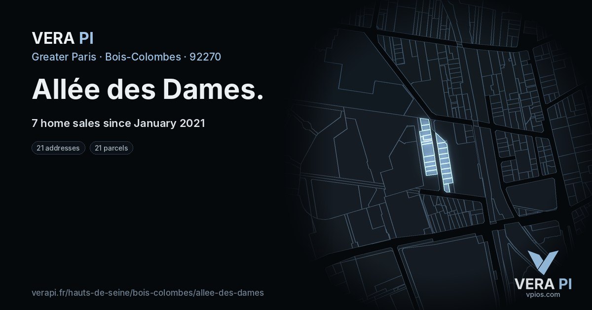 Allée des Dames, Bois-Colombes at night – every parcel coloured by the prices around it, the street's own parcels lit