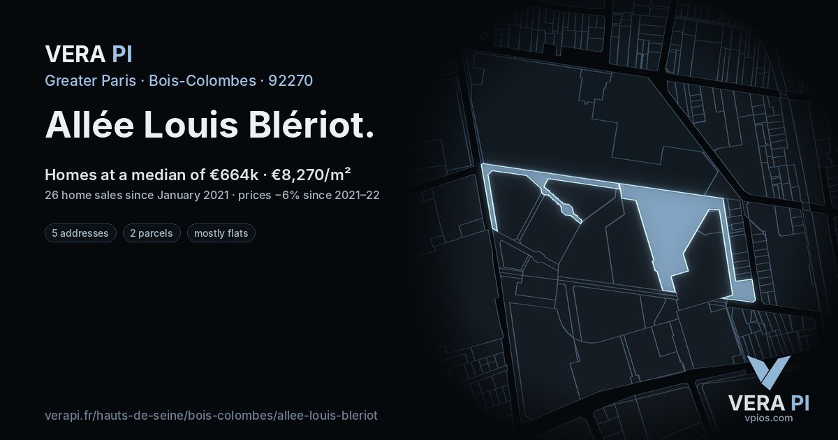 Allée Louis Blériot, Bois-Colombes at night – every parcel coloured by the prices around it, the street's own parcels lit