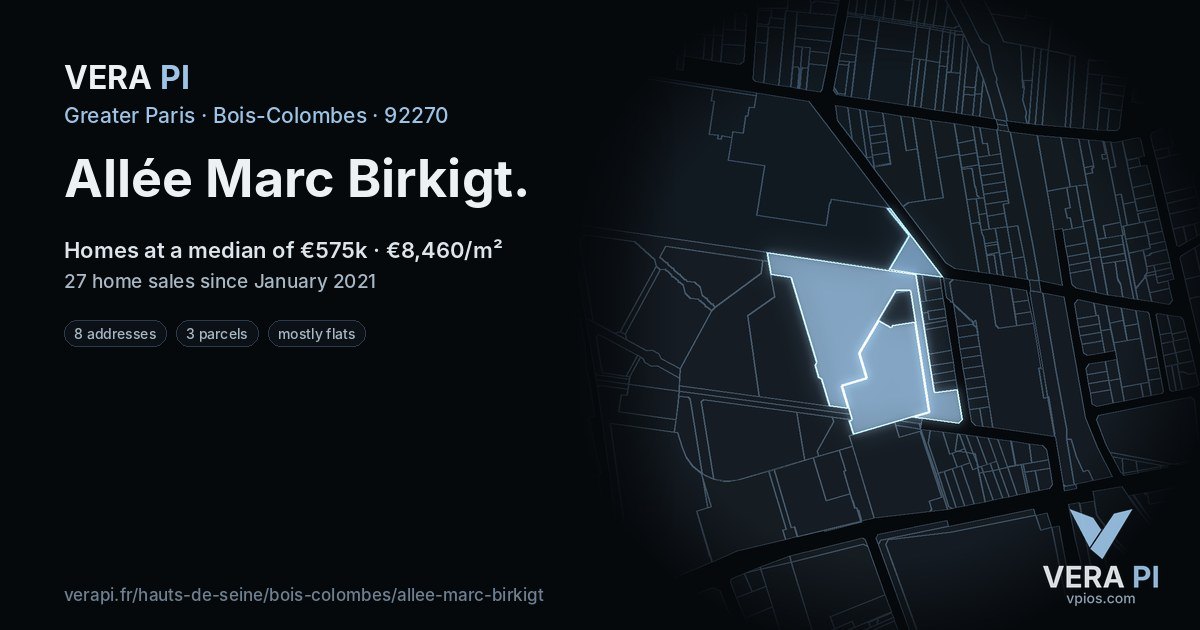 Allée Marc Birkigt, Bois-Colombes at night – every parcel coloured by the prices around it, the street's own parcels lit