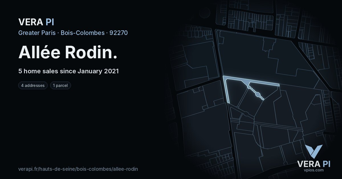 Allée Rodin, Bois-Colombes at night – every parcel coloured by the prices around it, the street's own parcels lit