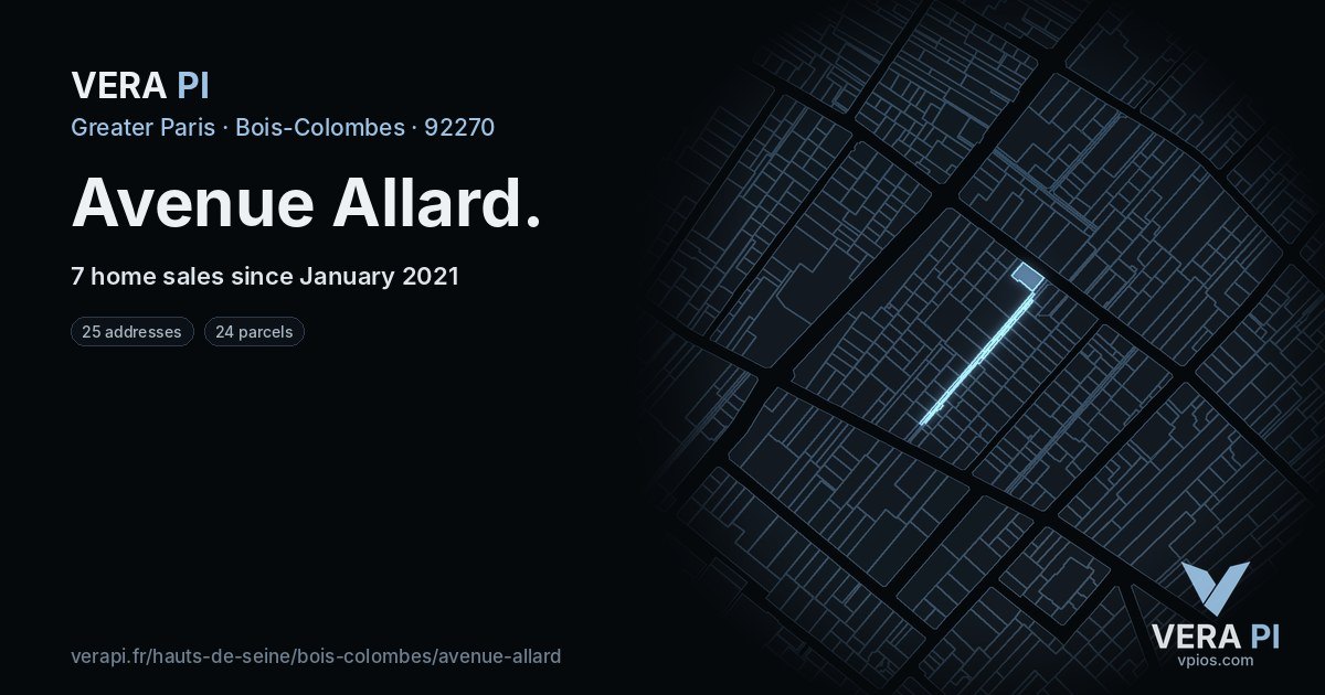 Avenue Allard, Bois-Colombes at night – every parcel coloured by the prices around it, the street's own parcels lit